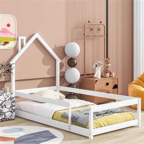Twin Floor Bed Frame, Wood Montessori Bed with House-shaped Headboard ...