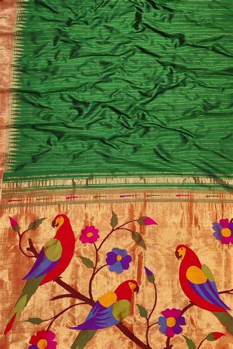 Green Handloom Paithani Pure Silk Parrot Design Muniya Border Saree ...