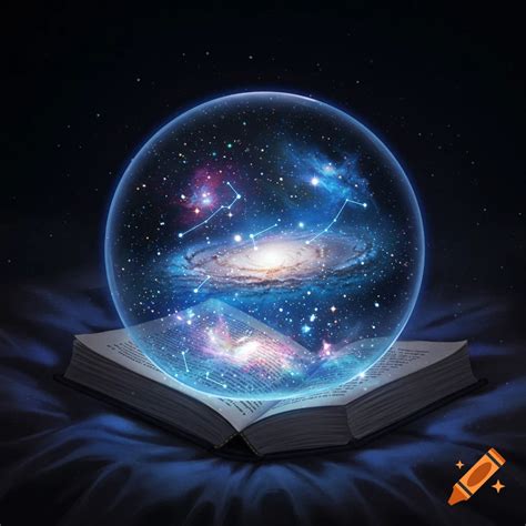 An open book on a surface with a glowing sphere containing a galaxy and ...