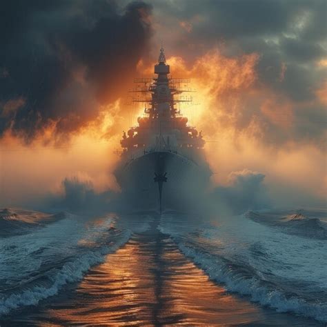 Warships sail across the ocean through thick clouds carrying out ...