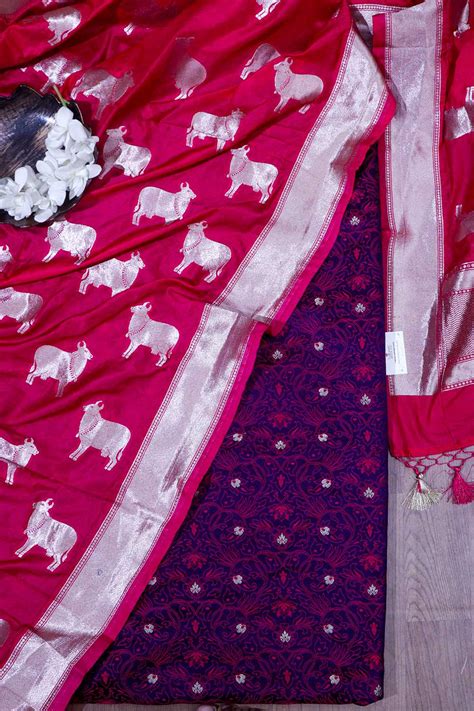 Stunning Purple Banarasi Silk Suit with Pink Dupatta