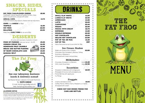 Menu at The Fat Frog cafe, Liskeard