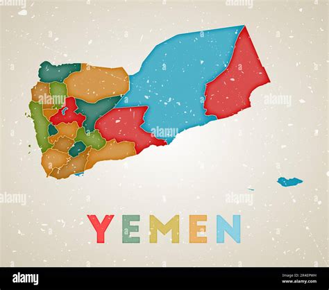 Yemen map. Country poster with colored regions. Old grunge texture. Vector illustration of Yemen ...
