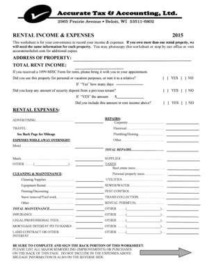 Fillable Online RENTAL INCOME amp EXPENSES 2015 ...