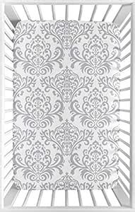 Buy Sweet Jojo Designs Gray and White Damask Baby Fitted Mini Portable ...
