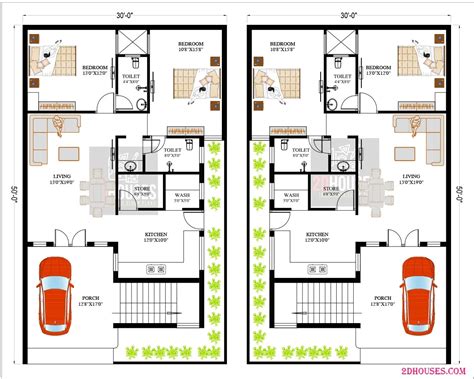 30x50 2 Bedrooms 1500 Sqft House West-Face Vastu Plan - 2DHouses - Free ...