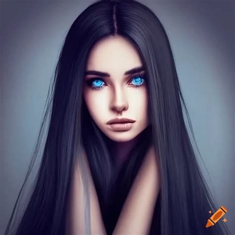 Beautiful woman with long black hair and blue eyes on Craiyon