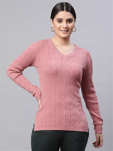 Women V-Neck Elongated Hem Pink Jacquard Regular Fit Pullover
