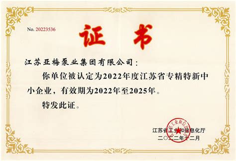 江苏省专精特新中小企业证书-资质认证证书-江苏亚梅泵业集团