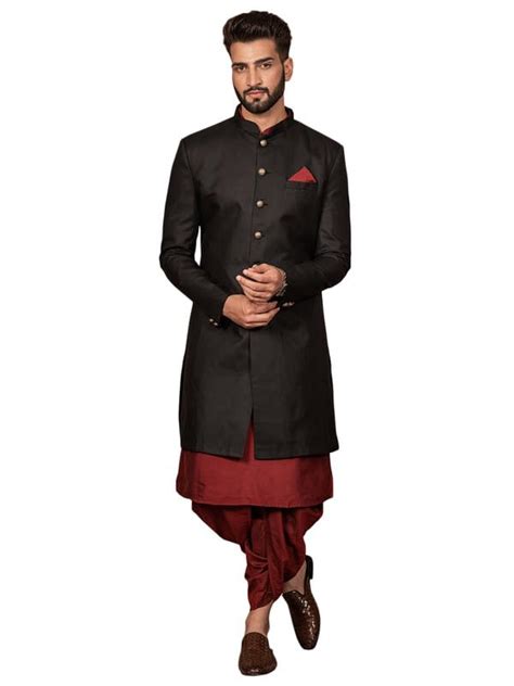 Buy KISAH Men's Kurta Sherwani Dhoti Set Indo-Western, Black Cotton ...