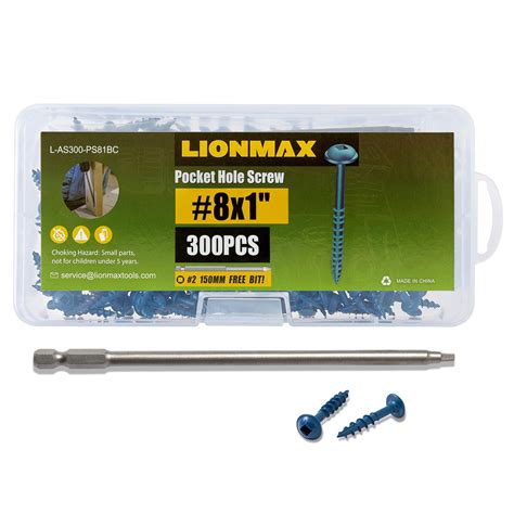 LIONMAX Pocket Hole Screws 1 Inch, 300 PCS Exterior Pocket Screw #8 x 1 ...