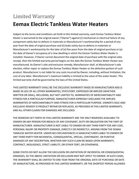 Eemax SPEX2412 FlowCo Water Heater Warranty Sheet | Water Heater Manuals