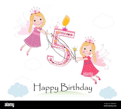 Happy fifth birthday with cute fairy tale greeting card vector Stock ...