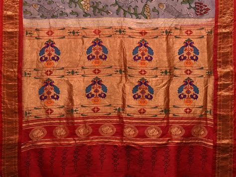 Grey Kalamkari Hand Painted Paithani Silk Handloom Saree with Lotus Fl ...