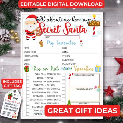 Secret Santa Questionnaire Printable, Gift Exchange Ideas, Gift Tag ...