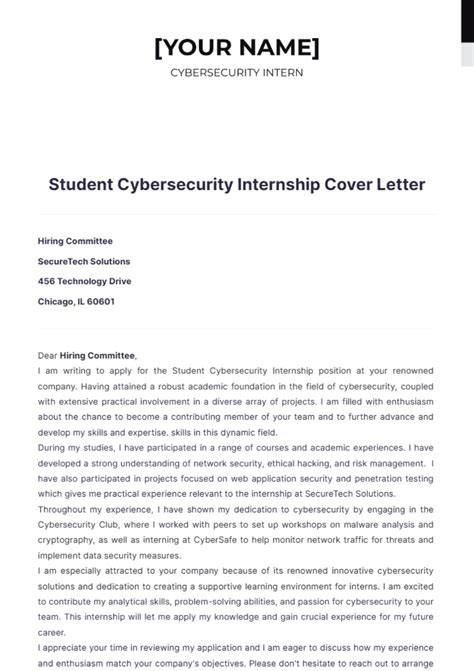 Free Student Cybersecurity Internship Cover Letter Template to Edit Online