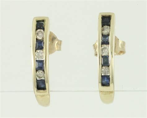 Vintage 10K Sapphire and Diamond J Hoop Earrings, .20 CT Diamond .40 CT ...