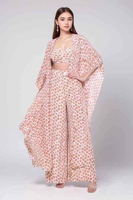 Buy White Crepe, Silk Pearls Sand And Toasted Orange Butti Print Cape ...