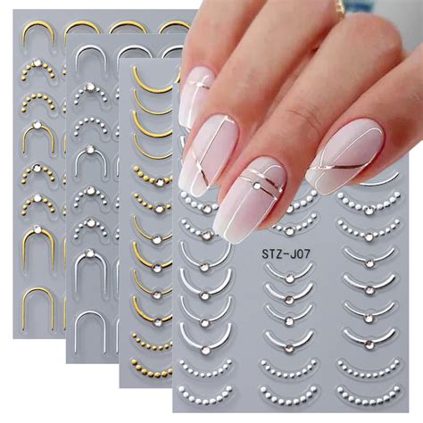 Amazon.com: 4 Sheets French Tip Nail Stickers 3D Self-Adhesive Gold ...
