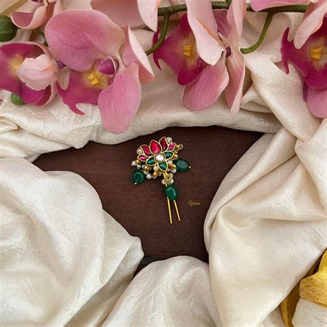 Premium Jadau Lotus Juda Pin-Pearl-Green Beads-G13161 – vrikshamindia