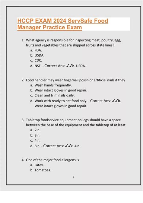 HCCP EXAM 2024 ServSafe Food Manager Practice Exam|questions with ...