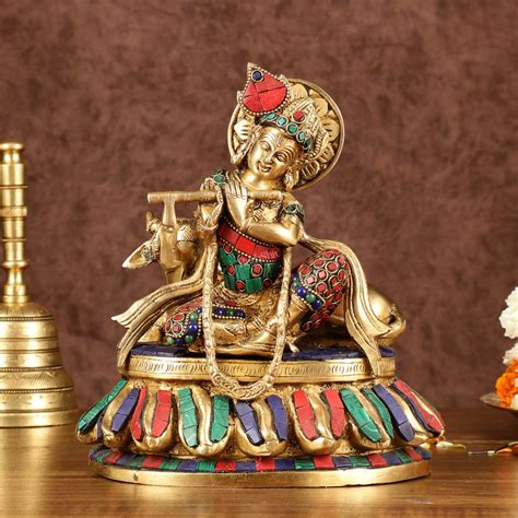 Buy Lord krishna seated with cow brass idol with stonework 7.5 inch ...