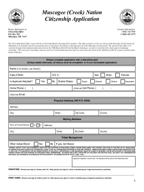 OK Muscogee (Creek) Nation Citizenship Application - Blank Fillable ...