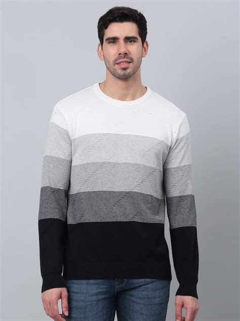 Striped Navy Blue Full Sleeves Round Neck Regular Fit Casual Sweater f ...