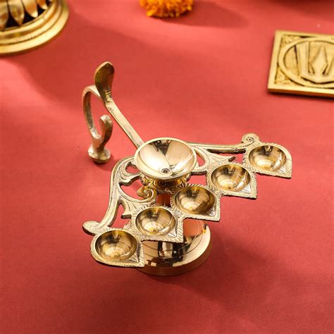 Brass Elegant Panch Aarti With Handle (6.5 Inch) – Vedansh Craft