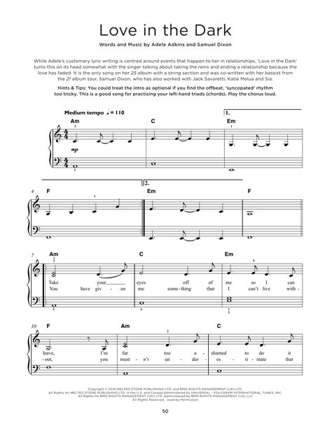 Love In The Dark by Adele Sheet Music for Really Easy Piano at Sheet Music Direct