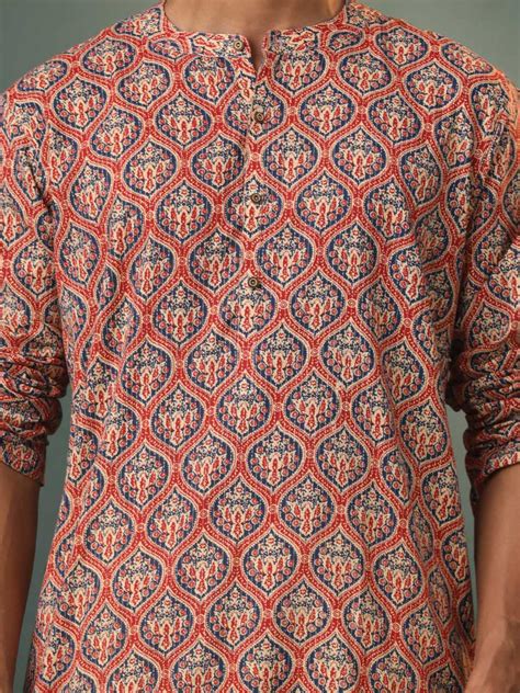 VASTRAMAY Men's Multi Color Base Red Ajrakh Printed Kurta – vastramay