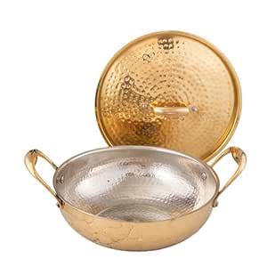 Traditional Brass Kadhai with Lid, 25 cm Heavy Bottom Cooking Pan ...