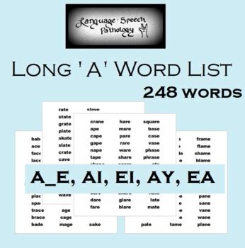 Long 'A' Single Syllable Word List by Language-Speech Pathology | TPT