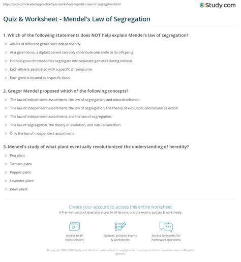 Quiz & Worksheet - Mendel's Law of Segregation | Study.com