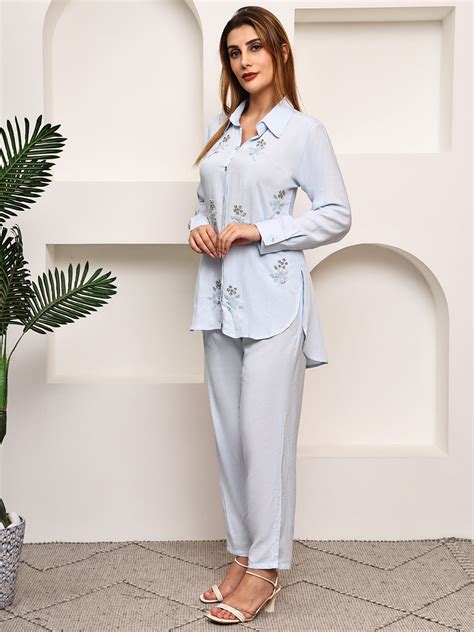 Embroidered Beads And Stones Spread Collar Shirt With Trousers – Marc Louis