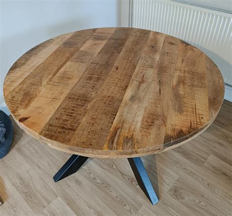 Round Solid Mango Wood Dining Table | Black Iron X Base - 120cms - Casa ...