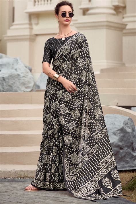 Cynosure Black Printed Mul Cotton Saree With Beleaguer Blouse Piece ...