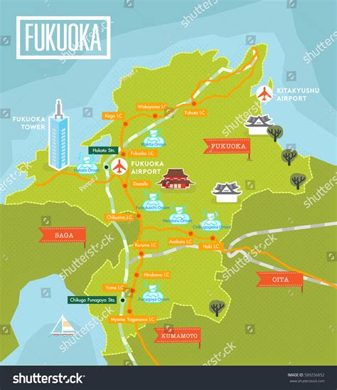 Fukuoka Japan Travel Map Vector: เวกเตอร์สต็อก (ปลอดค่าลิขสิทธิ์) 589256852 | Shutterstock