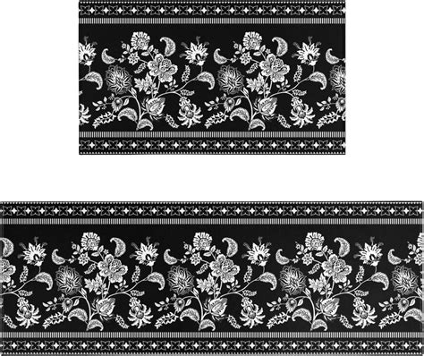 Black Floral Kitchen Rug Mat, Black and White Kitchen Rugs Sets of 2 ...