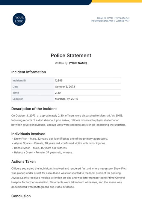 Free Police Statement Template to Edit Online