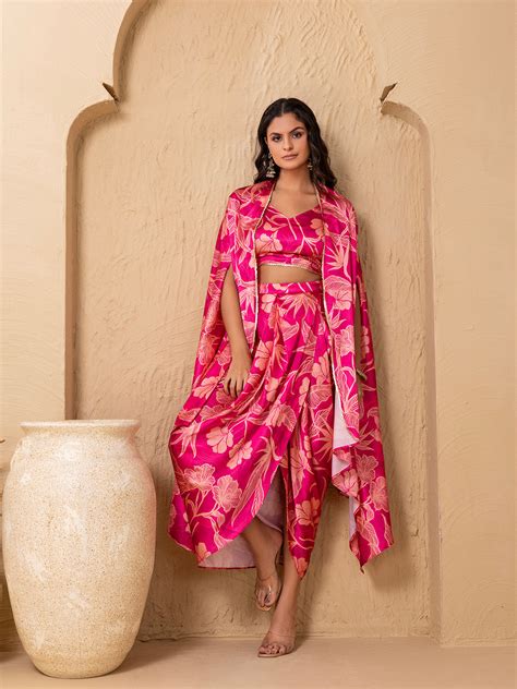 Crop Top with Draped Skirt And Cape in Pink floral Print – Mabish Store