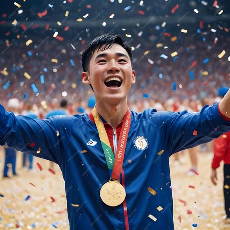 An illustration of a Chinese athlete celebrating the gold medal ...