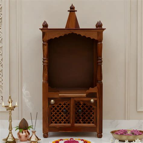 Mandirs | Teak Wood Teak Color Pooja Mandir | Devrekha – DZYN Furnitures