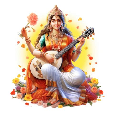 Goddess saraswati happy vasant panchami puja sitting on lotus musical ...