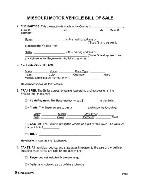 Important Details About the Missouri Motor Vehicle Bill of Sale ...
