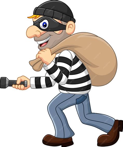 Karikatur-Dieb, der eine Tasche mit Taschenlampe geht und trägt ...