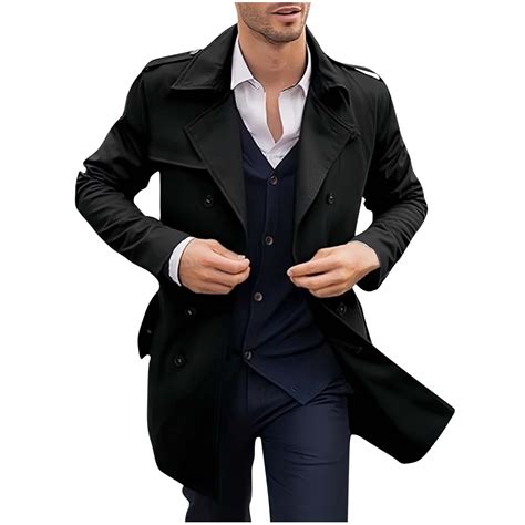 YYDGH Mens Trench Coat Notched Lapel Double Breasted Long Jacket ...
