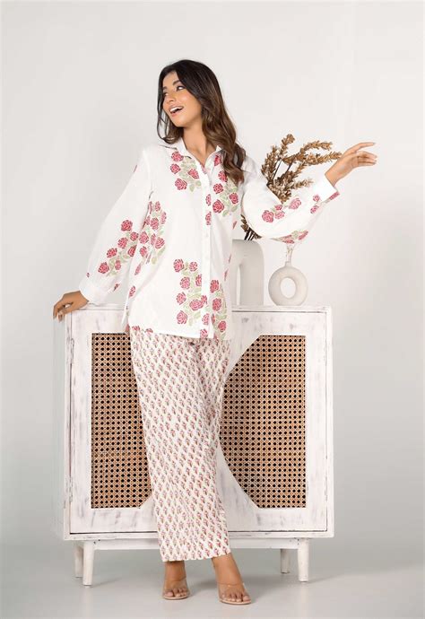 Red Rose Hand Block Printed floral Co-ord Set (2pc)