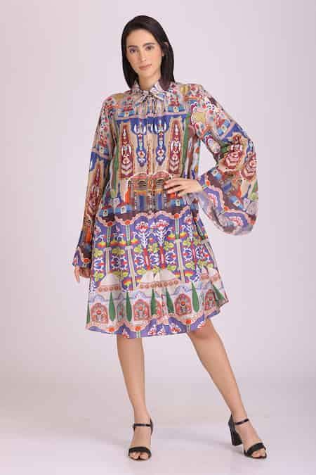 Buy Multi Color Cotton Silk Palace Shirt Collar Print Dress For Women ...