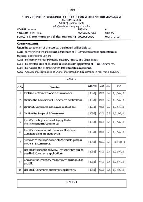 R22 B. Tech IT I Sem Midterm Question Bank on E-Commerce & Digital ...